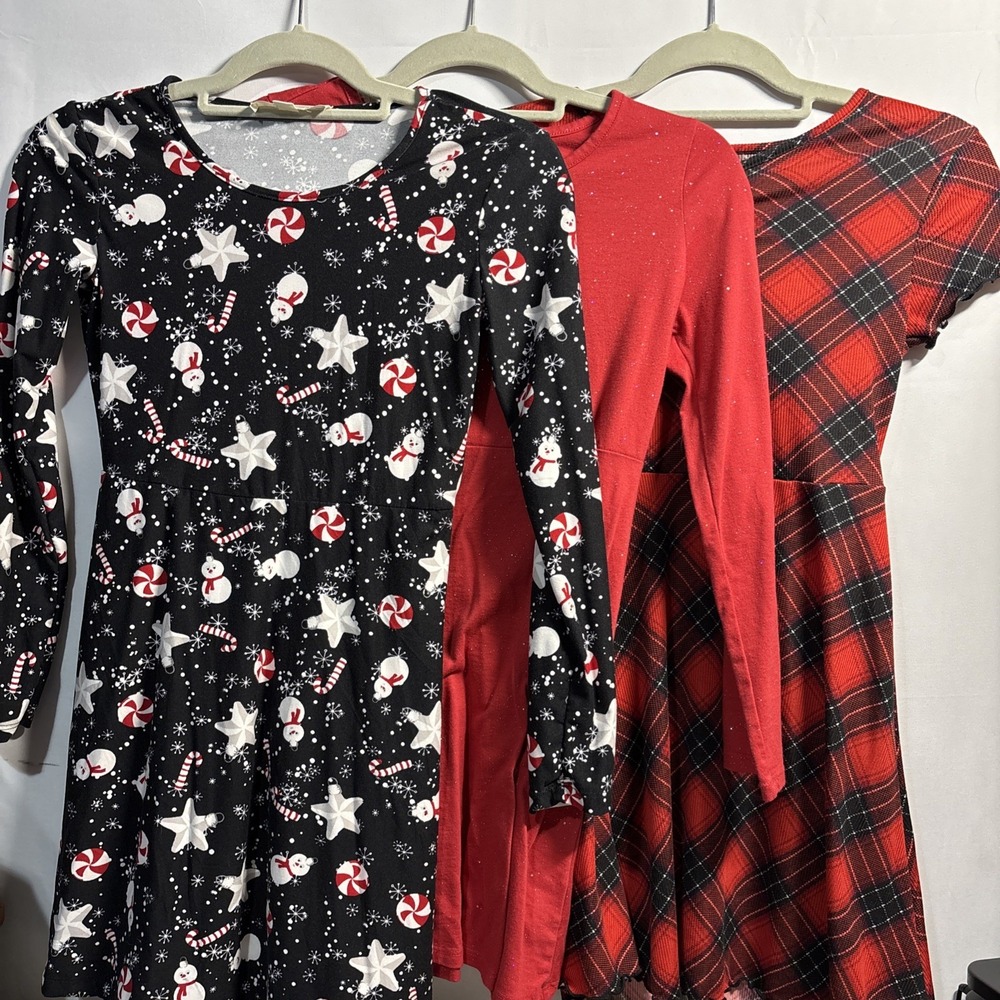 Girls 10/12 Holiday Christmas 3 Swing Dress Lot Bundle Snowman Candy Cane Plaid